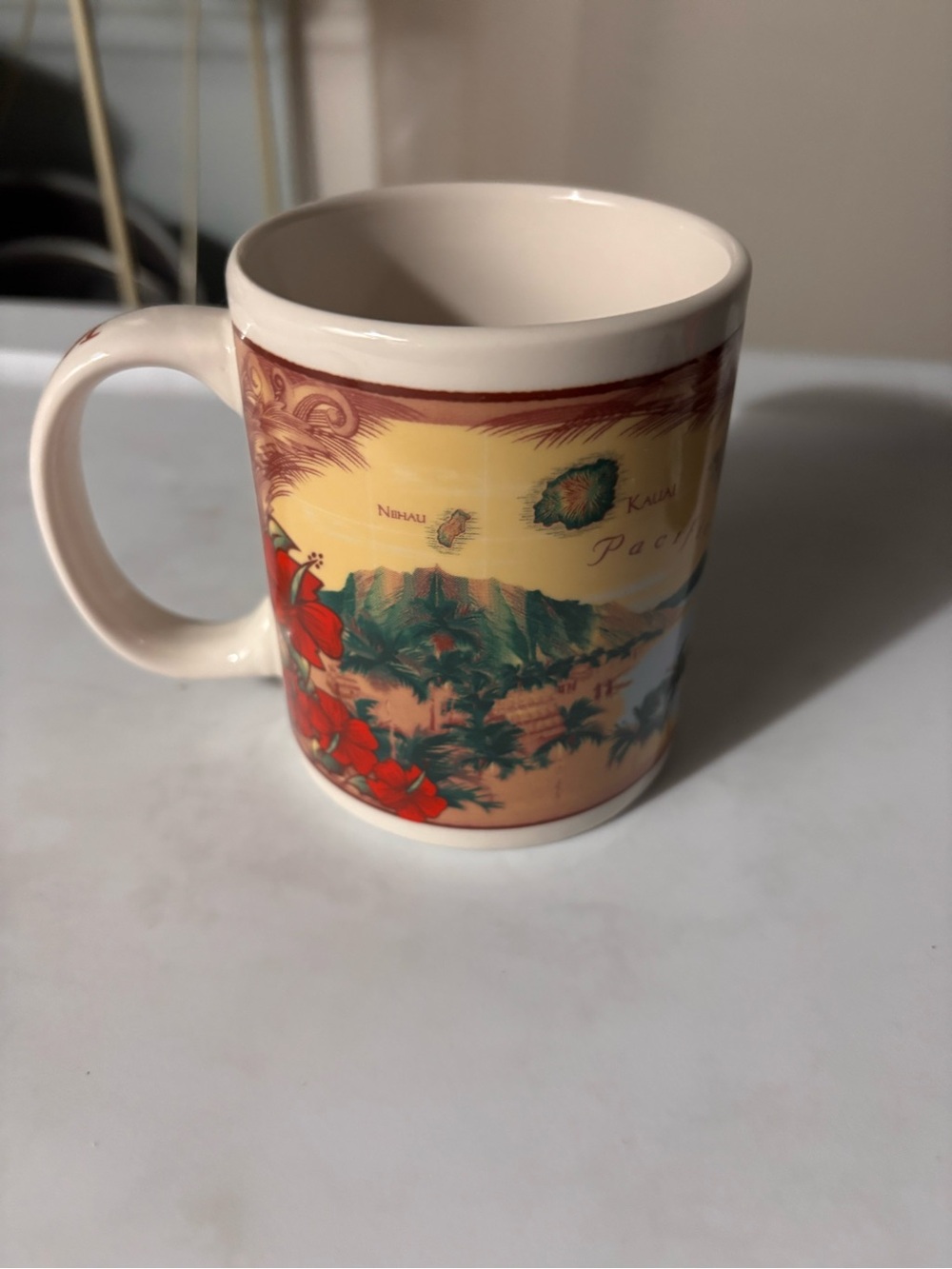 Hawaiian Island Ceramic Coffee Mug - Cream with Red Floral Accent